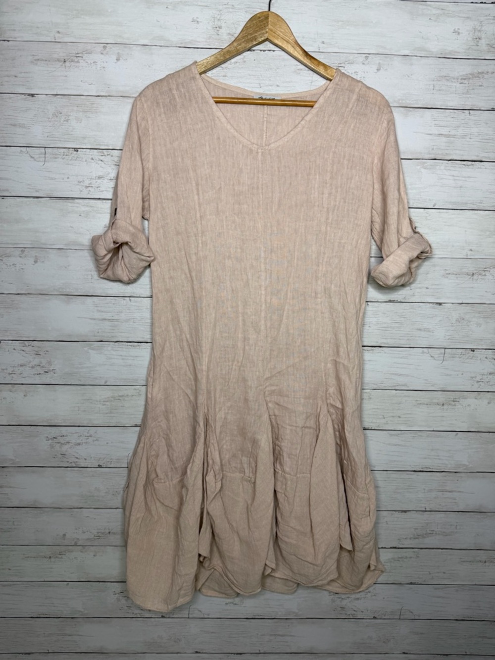 Bohabille Linen Dress Beige Italian Lagenlook Bubble Hem Midi Boho - Picture 2 of 6